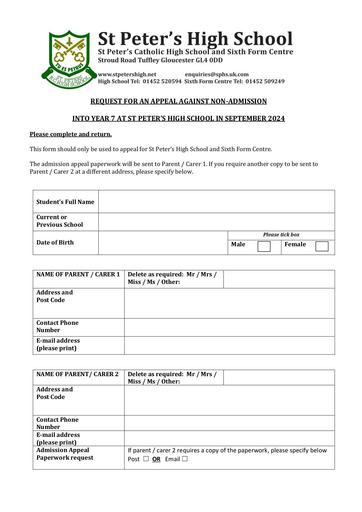 Bulk Appeal Form Year 7 2024 PDF