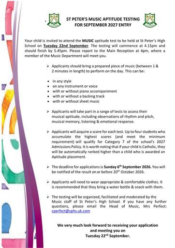 St Peter's Music Aptitude Information