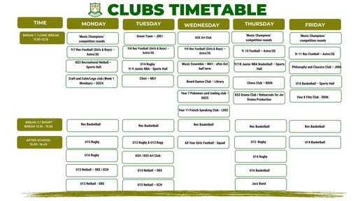 School Clubs Timetable  2026